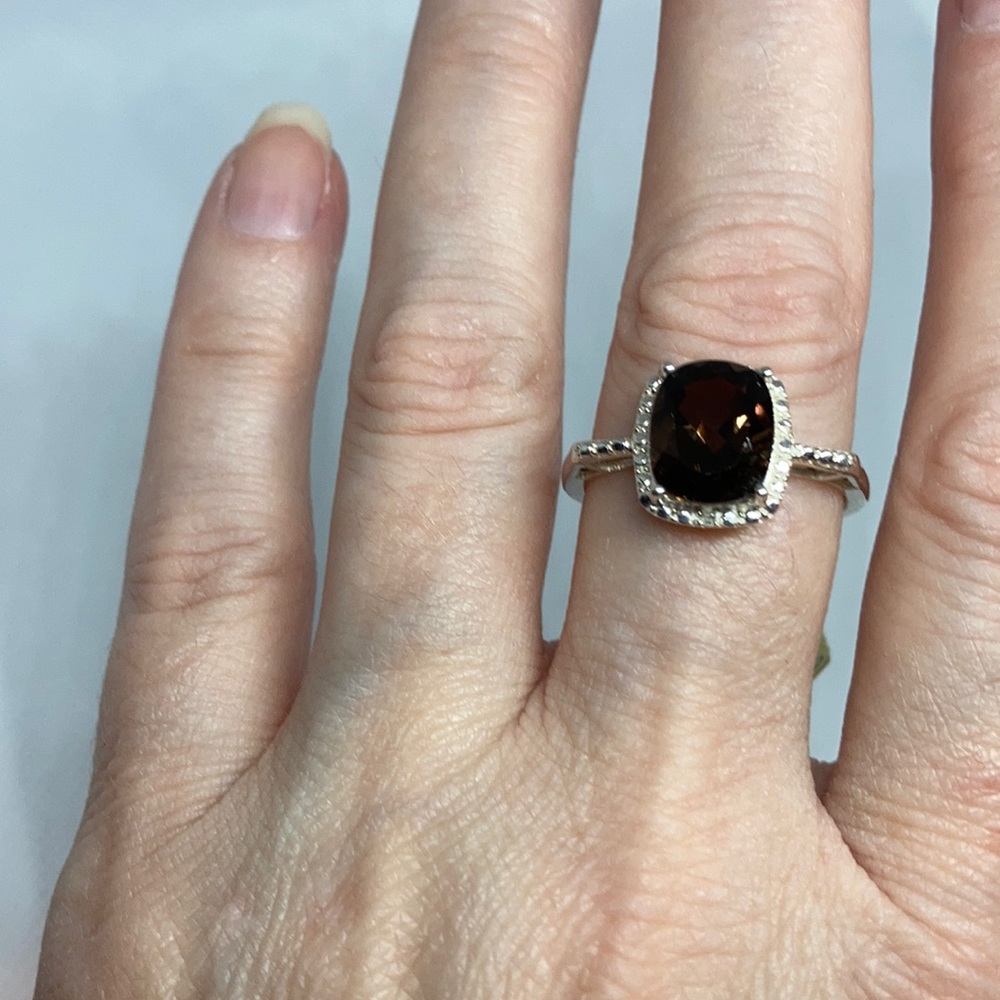 New Brazilian Smokey Quartz with Diamonds Sterling Silver Ring J12